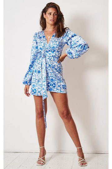 Love Frontrow Blue Porcelain Tile Mini Wrap Dress Love Frontrow